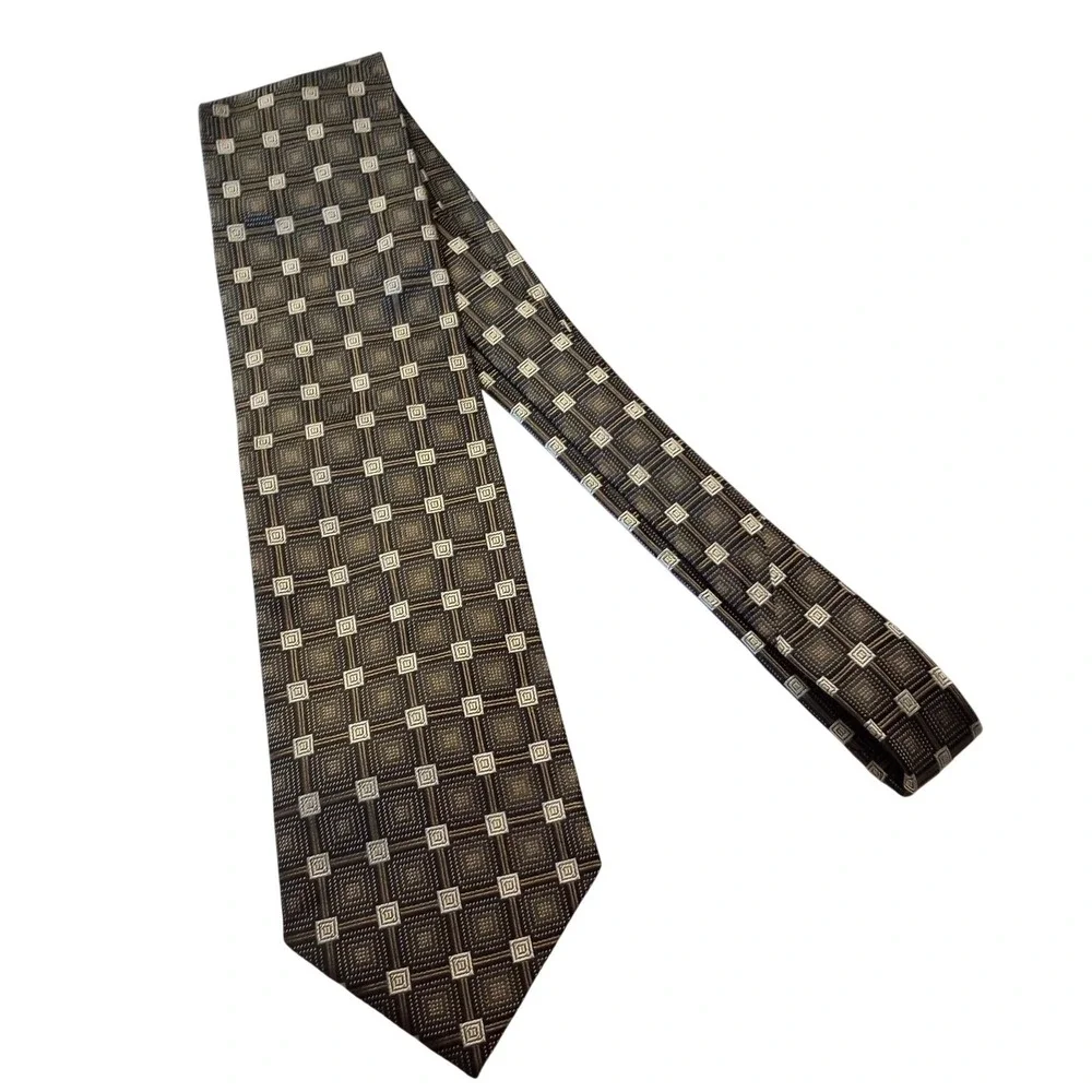 Roberto Villini Collezione Mens Silk Tie Olive Green Bronze Geometric Square NEW